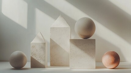 Delicate geometric shapes are elegantly arranged in soft pastel colors subtle shadows creating abstract aesthetic against neutral background.