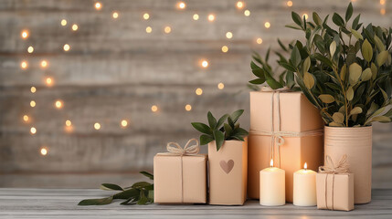 Cozy scene with gifts, candles, and greenery. Perfect for holiday or seasonal marketing.