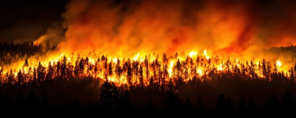 Wildfire eruption in forested area nature photography nighttime environment dramatic viewpoint climate impact