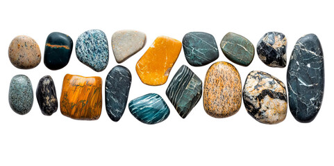 Png of Collection of colorful polished stones with unique patterns on transparent background.