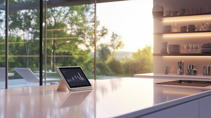 Smart tablet on modern kitchen counter with outdoor view