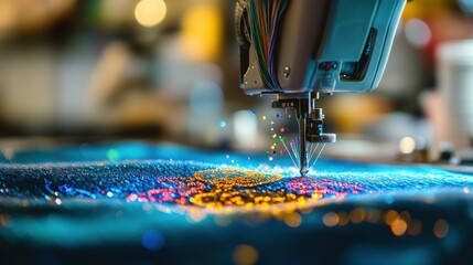 A closeup shot of a sewing machine stitching together a small batch of custom fabric products with colorful threads and tailored patterns visible demonstrating artisan craftsmanship
