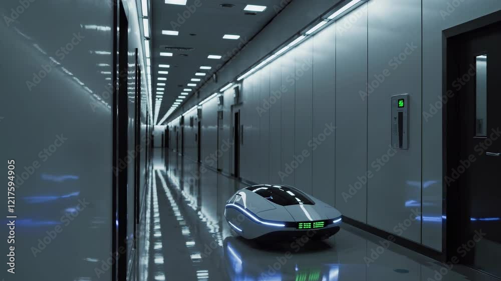 Fototapete autonomous robot navigating a futuristic corridor in a high-tech facility during evening hours
