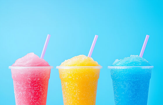 Colorful frozen slush drinks with straws on blue  background. Image for smoothie bar advertising and menu.