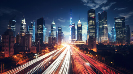 Obraz premium Dynamic Night Cityscape with Illuminated Skyscrapers