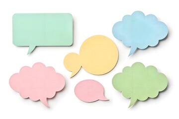 A set of pastel-colored paper speech bubbles in yellow, pink, green, and blue with a gentle, clean style. Ideal for light-hearted, modern, or creative projects.