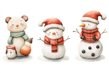 Cute winter characters including a bear, a snowman, and a fox celebrate the holiday season in festive hats and scarves