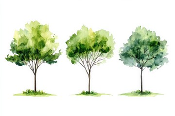 Fototapeta premium Three distinct trees in watercolor showcasing varying shades of green and nature's beauty