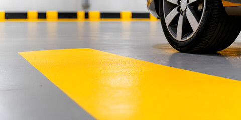 Close-up of a car tire and yellow parking markings on a gray floor in a parking garage.  Clean lines and modern design.