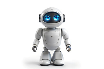 small humanoid robot with white and grey design, rounded head, cylindrical arms and legs, rectangular torso, and large rounded feet for stability