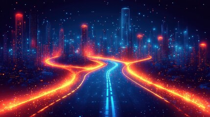 Obraz premium A futuristic cityscape with a glowing, winding road amidst vibrant lights.