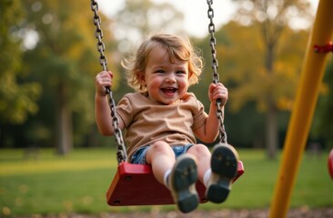 child on swing in playground, blond kid enjoying swing time in sunny outdoor play area, youthful playfulness - concept of playground fun, outdoor recreation, childhood joy