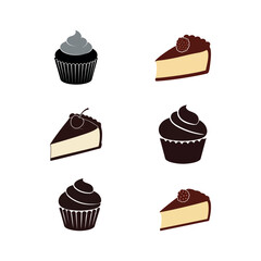delicious cup chocolate cheese birthday cream cake  pudding and bakery baked food item silhouette icon collection set vector art flat design illustrations