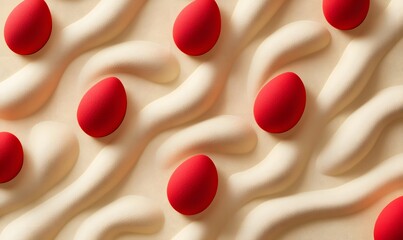 Fototapeta premium Red Egg Pattern on Wavy Cream Texture, Abstract Minimalist Background Image for Design