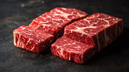 Fototapeta premium Slicing marbled beef steak culinary studio food dark background close-up texture exploration