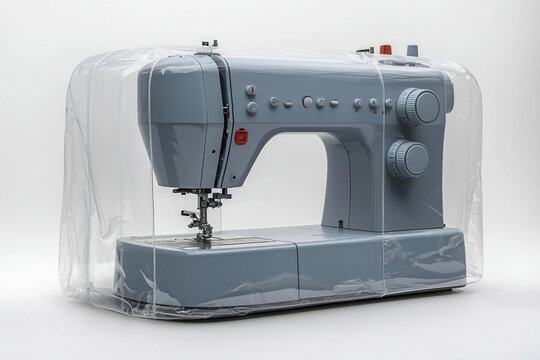 Contemporary sewing machine is partially covered transparent dust cover highlighting its durable features. clean white background enhances its modern design and functionality.