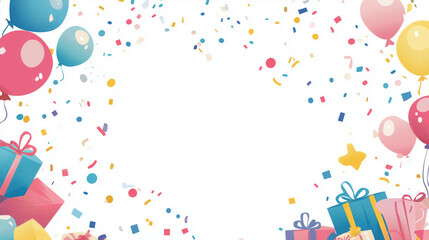Fun and Festive Flat Lay Background with Colorful Balloons, Presents, and Confetti, Featuring a Large Open Space on the Right for Custom Text or Party Wishes copy space