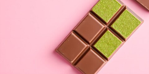 Fototapeta premium Milk chocolate bar with a vibrant green filling. A delectable treat, perfect for a sweet snack or gift. Close-up view highlights texture and color.