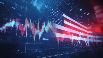 Stock market green red color economy. usa flag background. Trends economic Effect recession on US economy 
