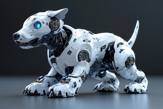 Futuristic robotic puppy with a cybernetic exoskeleton and glowing blue eyes in a high-tech setting


