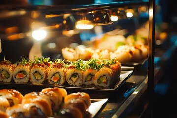 Assorted sushi rolls displayed in a restaurant showcase, illuminated and ready to be served. Fresh ingredients and vibrant colors are visible.