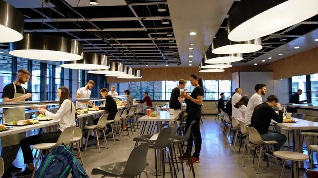 Exciting dining experience at a modern university cafeteria during lunchtime with students enjoying meals