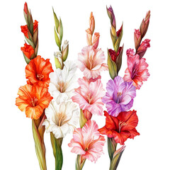 Fototapeta premium A vibrant collection of watercolor gladiolus flowers showcasing various colors on a bright background, colored gladiolus flowers isolated transparent background