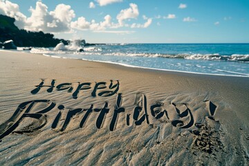 A beautiful happy birthday message is written on the sandy beach by the ocean in a serene and picturesque setting, with calming waves and coastal scenery creating a perfect backdrop for celebration