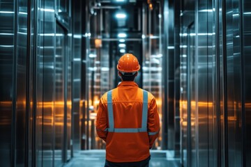 Worker in safety gear examining elevator shafts in a modern building during late hours