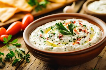 Creamy dip with herbs and spices, served in a rustic bowl. Perfect appetizer or snack!