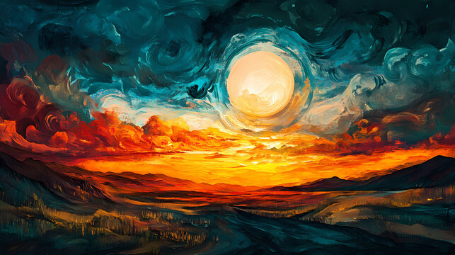 Mystical symbolic sunset over plains with surreal elements and deeper meanings. Midnight Plains. Illustration