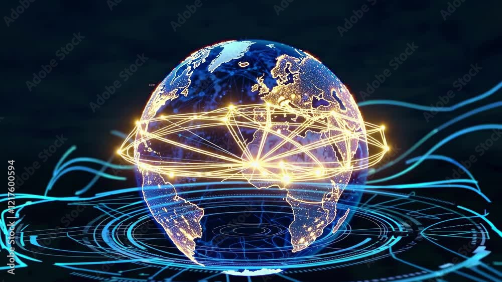 Poster exploring global connectivity through digital networks and data visualization in a dynamic environme
