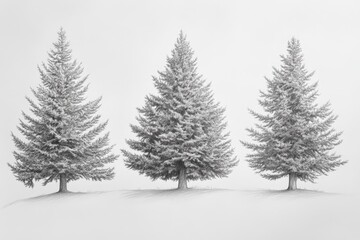 Obraz premium Fine pencil drawing of three evergreen trees on a blank background showcasing intricate details and shading techniques