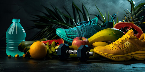 Fototapeta premium Fitness and Wellness Setup with Sneakers, Weights, and Fruits 