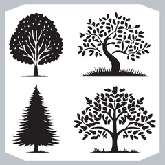 Naklejka premium Comprehensive Set of Black Tree Silhouettes Oak Maple Pine of Iconic Trees