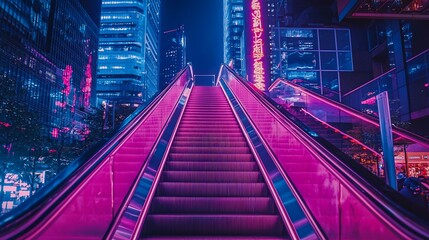 Neon-lit escalator ascending towards vibrant cityscape at night.