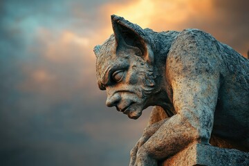 A weathered stone gargoyle, perched high, contemplates the dramatic sunset sky.