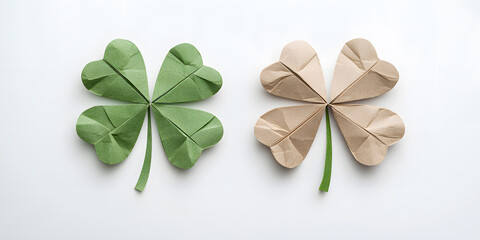 Two origami four-leaf clovers, one green and one beige, arranged on a white background. A symbol of luck and good fortune.