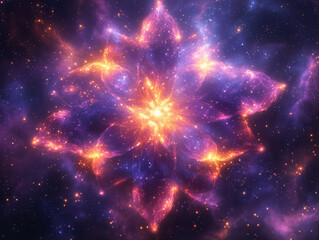 Mandala made of glowing stars and cosmic dust, symmetrical cosmic design, radiant light in the center, intricate circular patterns, vibrant colors (gold, teal, purple, white)