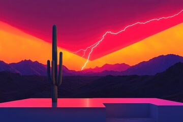 A majestic saguaro cactus stands tall against a vibrant sunset backdrop, illuminated by a dramatic lightning strike.