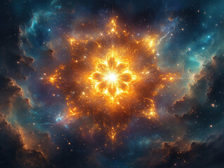 Mandala made of glowing stars and cosmic dust, symmetrical cosmic design, radiant light in the center, intricate circular patterns, vibrant colors (gold, teal, purple, white)