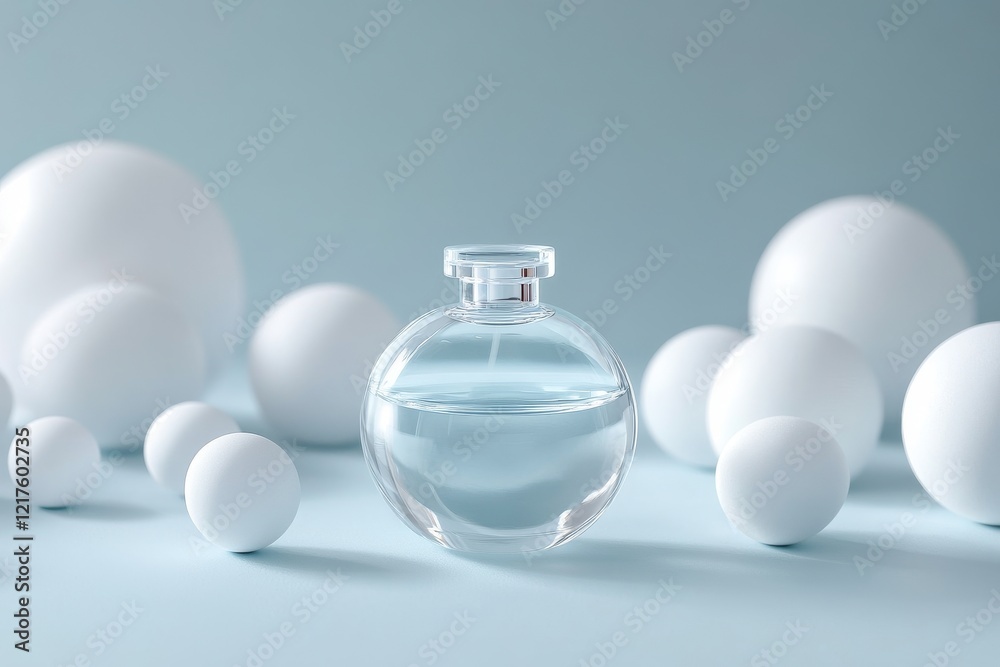 Wall mural A minimalistic composition featuring a transparent glass perfume bottle surrounded by white spheres on a light blue background