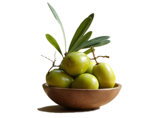 Puñado de olivas verdes en un bol de madera. Fondo transparente PNG