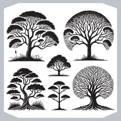 Beautiful Tree Silhouettes Collection Black Vector Designs of World Famous Trees