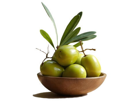Pu&ntilde;ado de olivas verdes en un bol de madera. Fondo transparente PNG