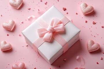 Gift box adorned with pink ribbon surrounded by heart-shaped decorations on a pink surface