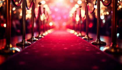 Red carpet awaits guests at a glamorous event with sparkling lights in the background