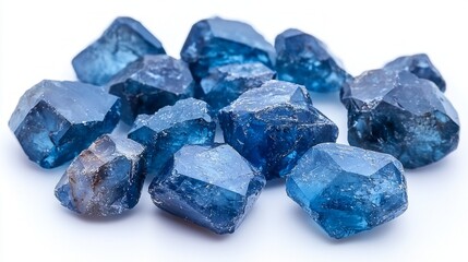 small cluster of blue sapphires showcases various cuts and sizes expertly arranged on bright white backdrop. Soft lighting enhances vibrant blue hues and intricate reflections.
