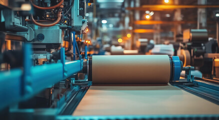 In a manufacturing facility, a large roll of brown kraft paper is being processed on a conveyor system under warm overhead lights during evening hours, showcasing industrial activity.