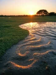 Fototapeta premium A tranquil sunset reflects on gentle water ripples, surrounded by lush grass and a solitary tree, creating a serene nature scene.